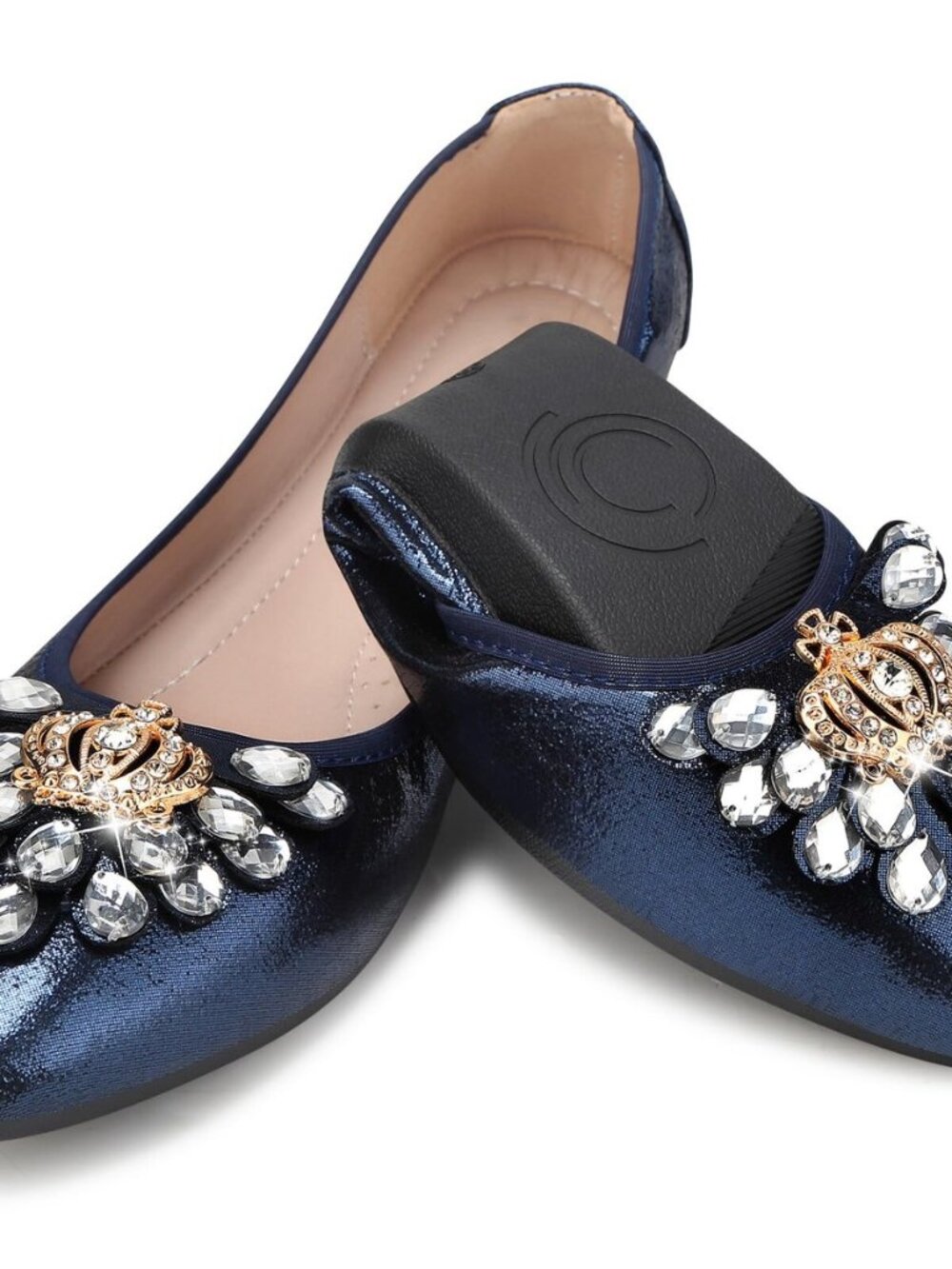 Women's Ballet Flats Foldable Classic Crown Rhinestone Slip On Bowknot PU